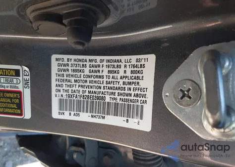 2011 Honda Civic Ex from USA, damaged, VIN 19XFA1F82BE039080
